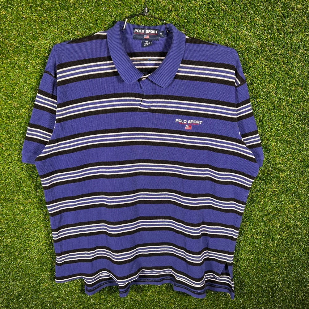 Vintage Polo Sport Ralph Lauren Striped Polo‎ Shirt Mens XL purple Black 90s